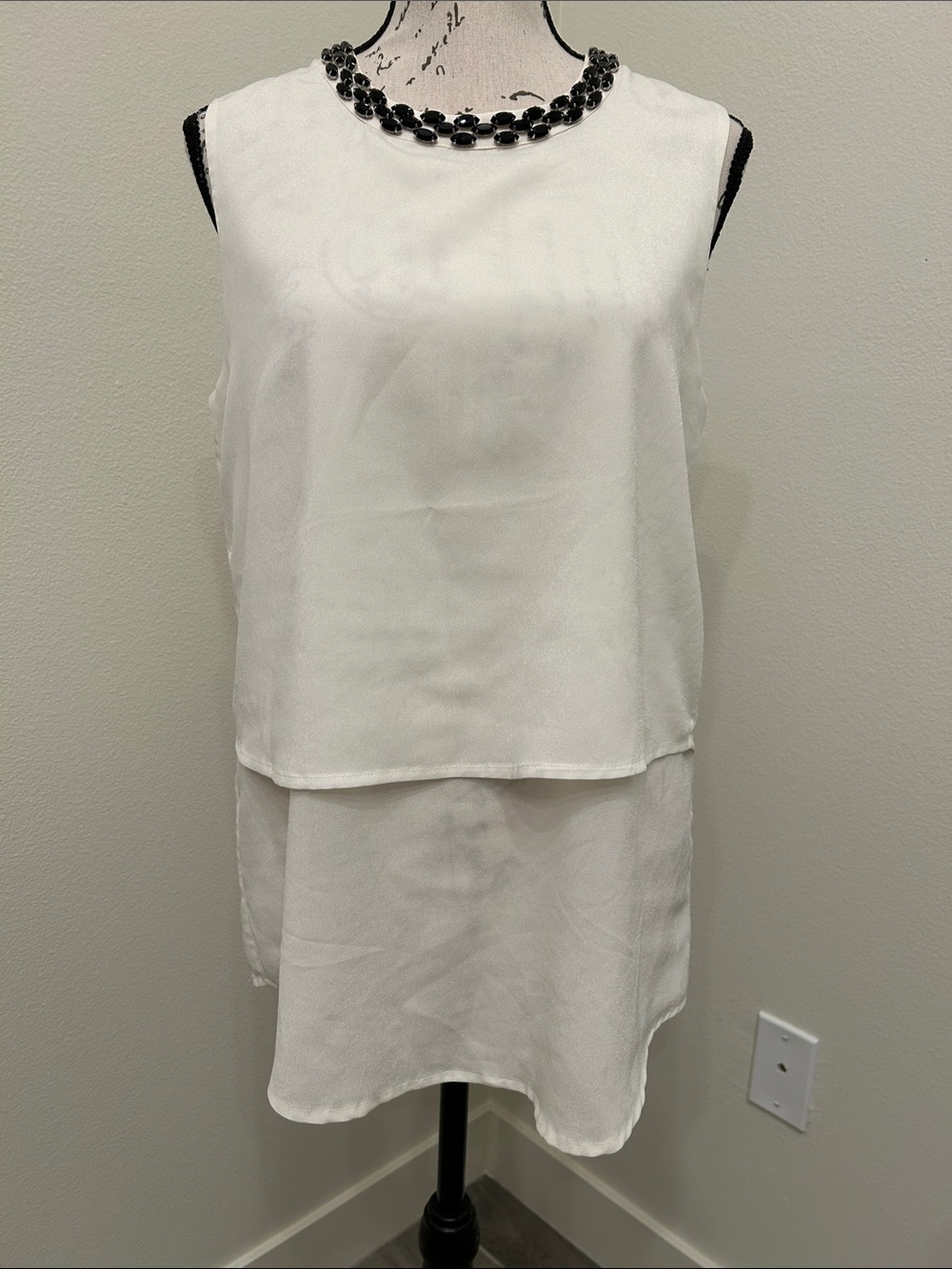 Calvin Klein White Sleeveless Layered Blouse with Black Beaded Neckline
